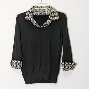 Black Layered-Look Sweater with Patterned Collar and Cuffs